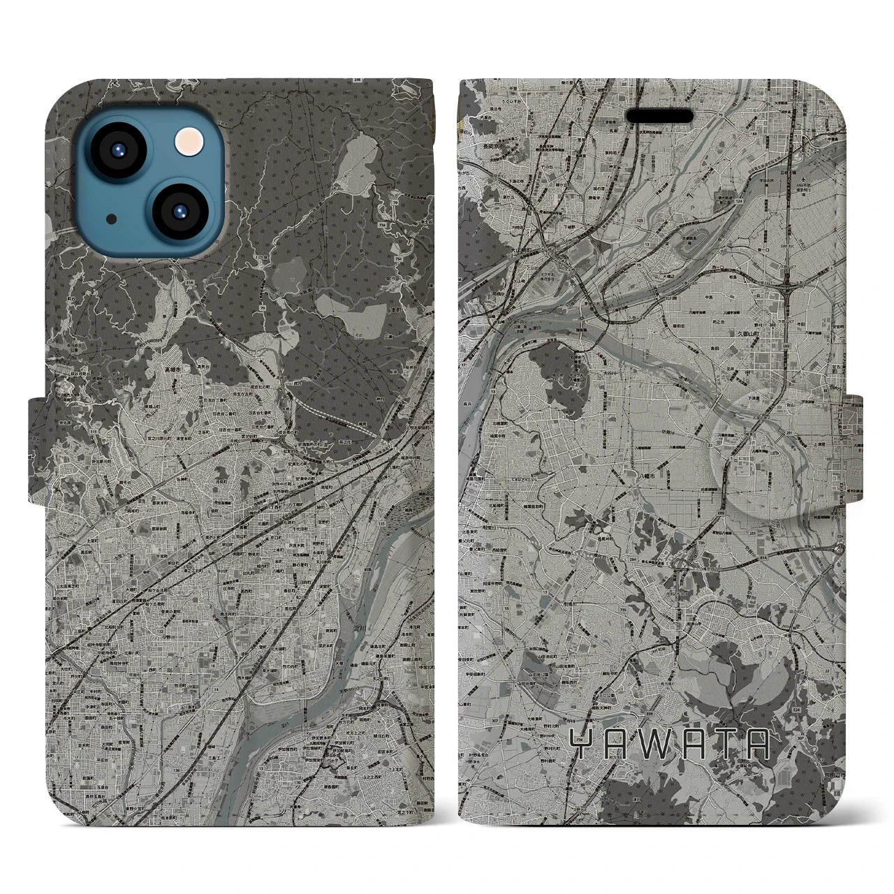 【八幡(京都府)】地図柄iPhoneケース(手帳タイプ)モノトーン・iPhone 13 用