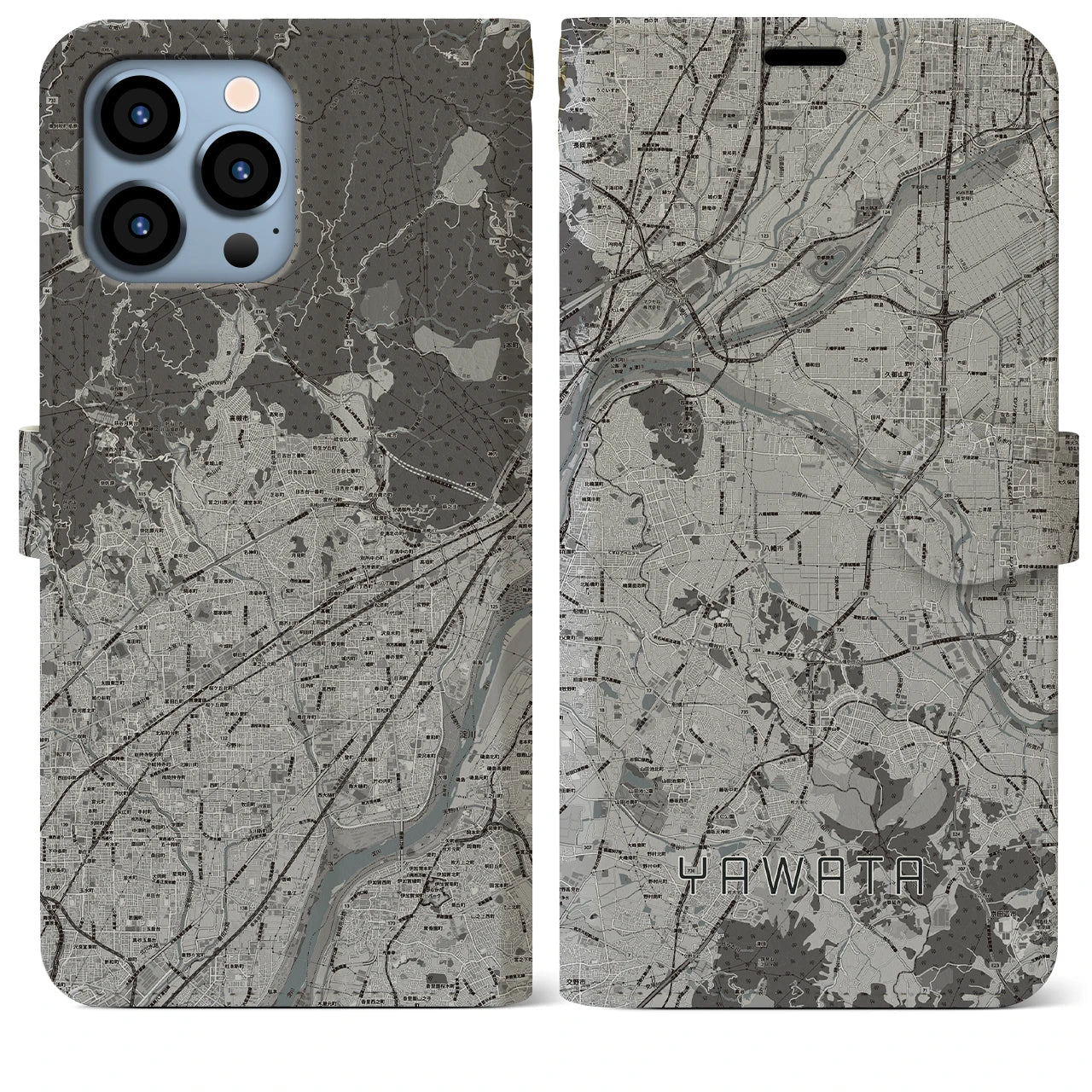 【八幡(京都府)】地図柄iPhoneケース(手帳タイプ)モノトーン・iPhone 13 Pro Max 用
