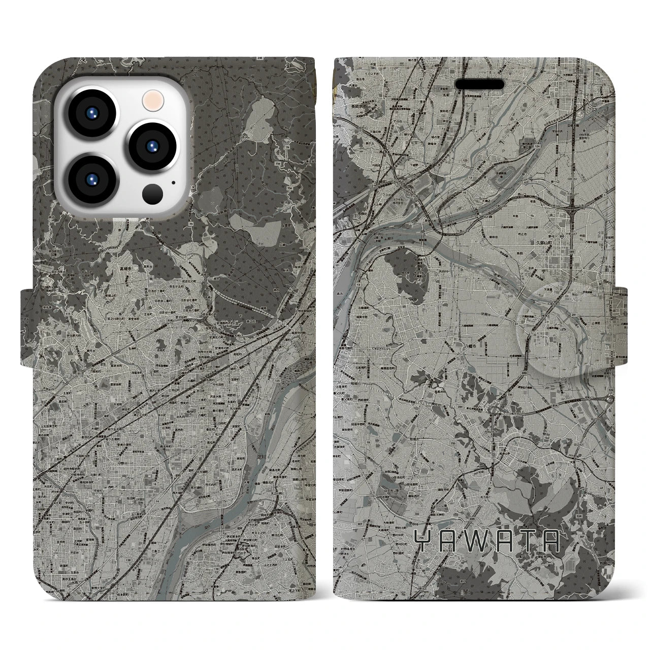 【八幡(京都府)】地図柄iPhoneケース(手帳タイプ)モノトーン・iPhone 13 Pro 用