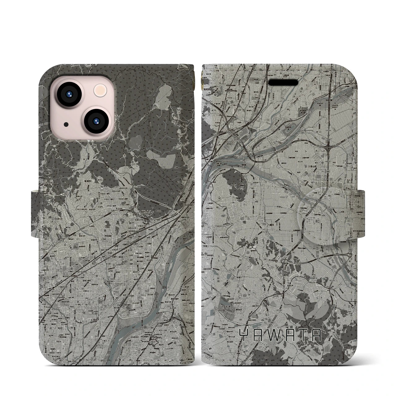 【八幡(京都府)】地図柄iPhoneケース(手帳タイプ)モノトーン・iPhone 13 mini 用