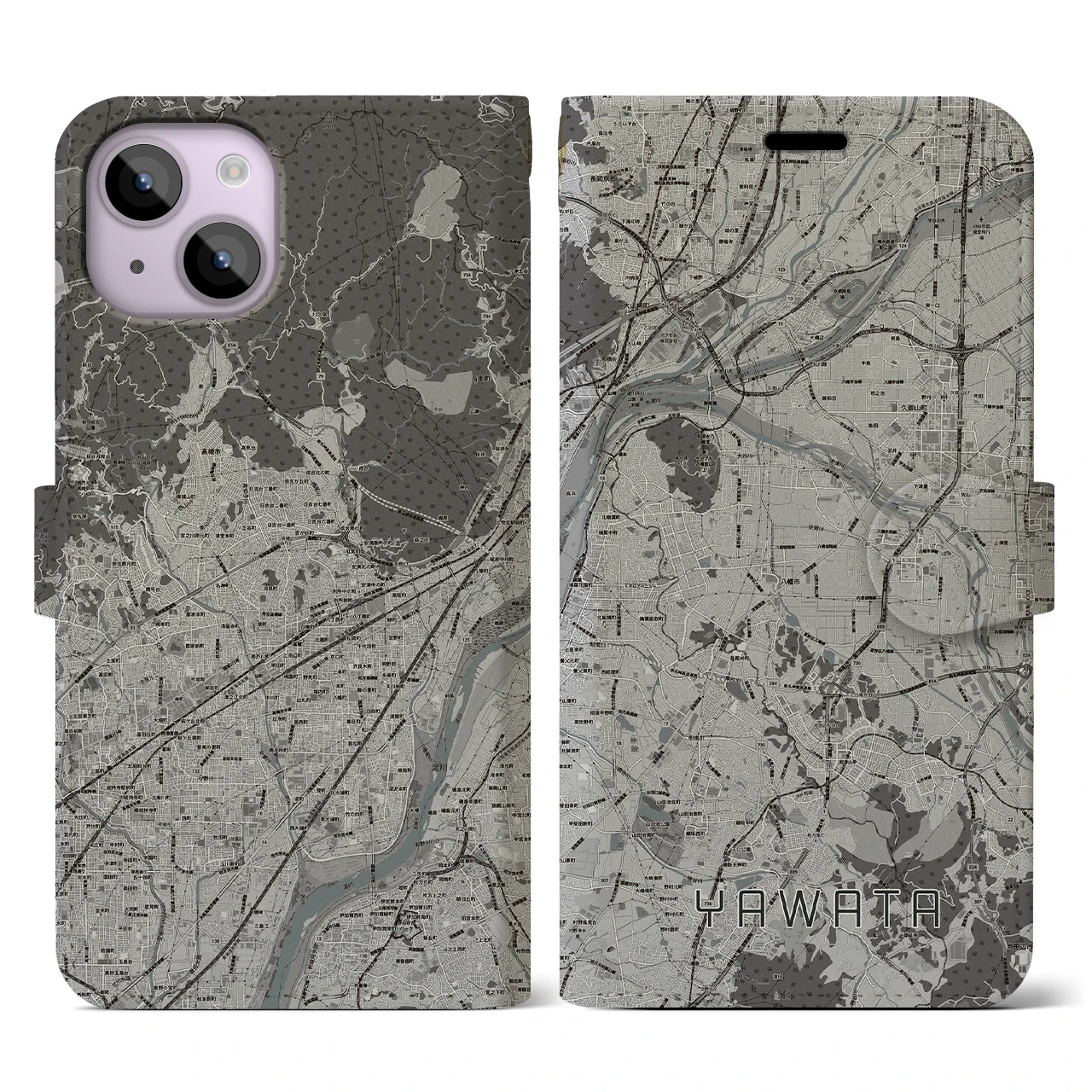 【八幡(京都府)】地図柄iPhoneケース(手帳タイプ)モノトーン・iPhone 14 用