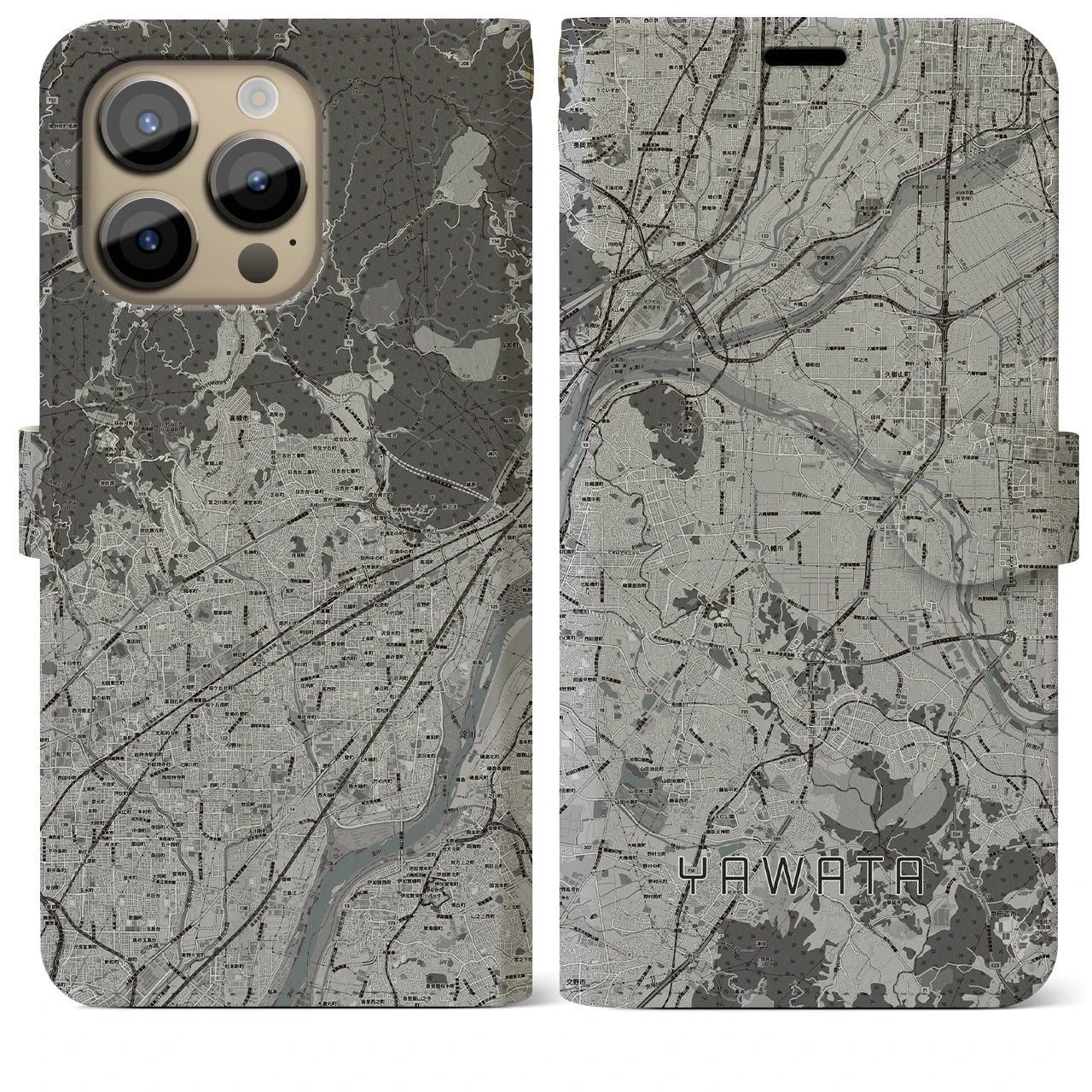 【八幡(京都府)】地図柄iPhoneケース(手帳タイプ)モノトーン・iPhone 14 Pro Max 用