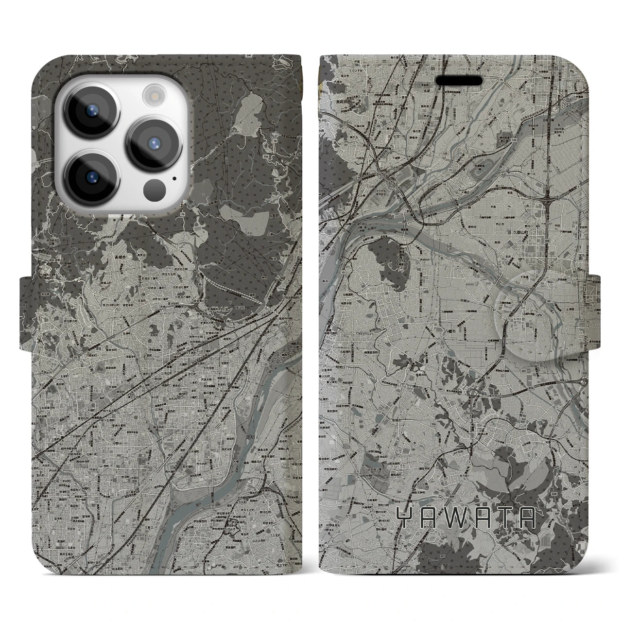 【八幡(京都府)】地図柄iPhoneケース(手帳タイプ)モノトーン・iPhone 14 Pro 用