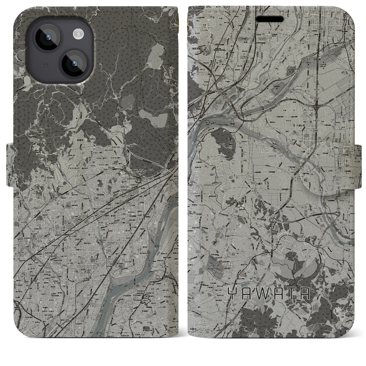 【八幡(京都府)】地図柄iPhoneケース(手帳タイプ)モノトーン・iPhone 14 Plus 用
