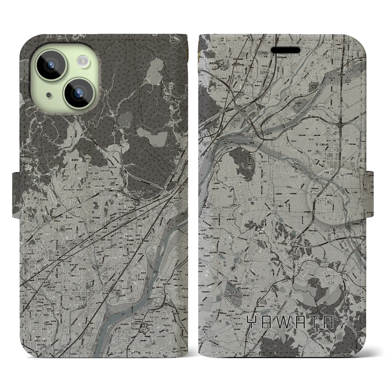 【八幡(京都府)】地図柄iPhoneケース(手帳タイプ)モノトーン・iPhone 15 用