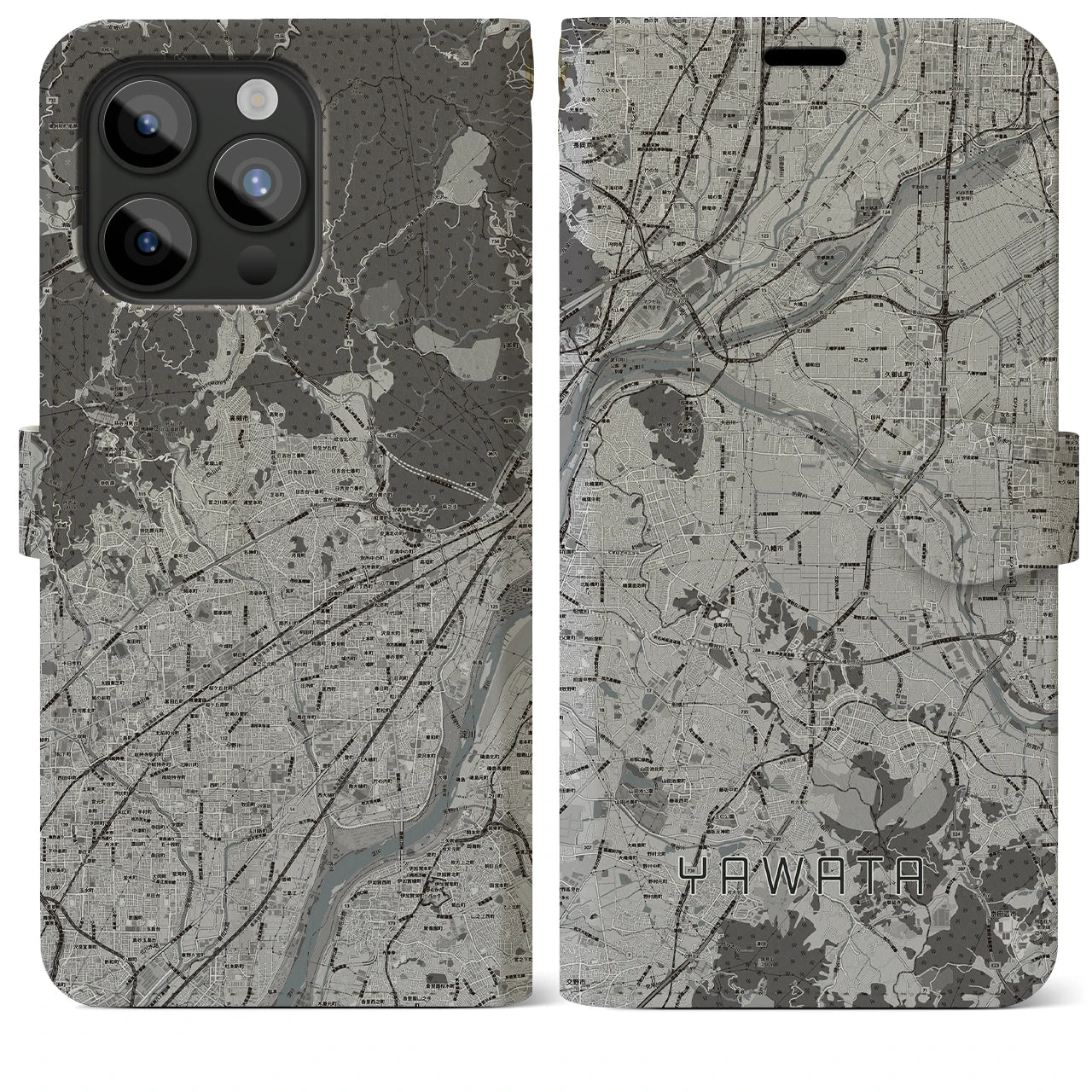 【八幡(京都府)】地図柄iPhoneケース(手帳タイプ)モノトーン・iPhone 15 Pro Max 用