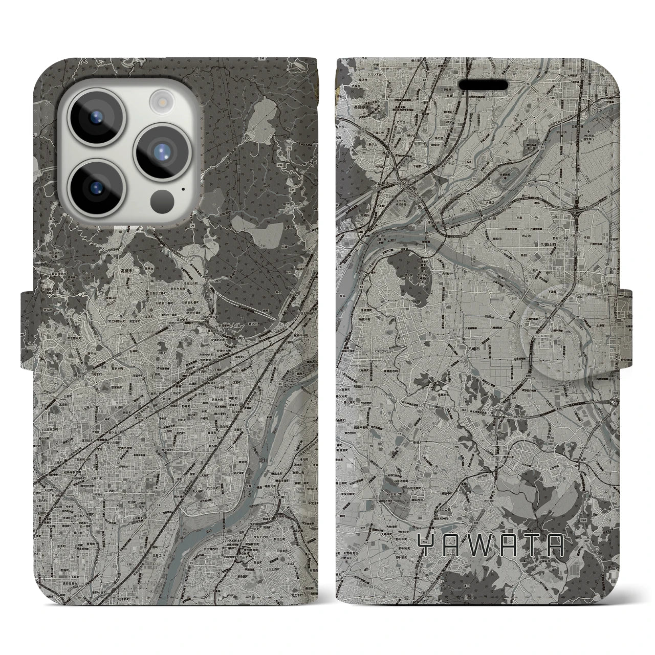 【八幡(京都府)】地図柄iPhoneケース(手帳タイプ)モノトーン・iPhone 15 Pro 用