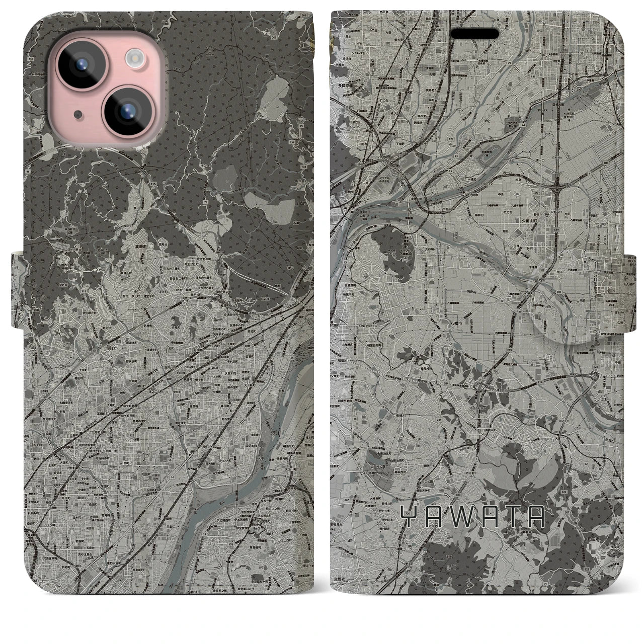 【八幡(京都府)】地図柄iPhoneケース(手帳タイプ)モノトーン・iPhone 15 Plus 用