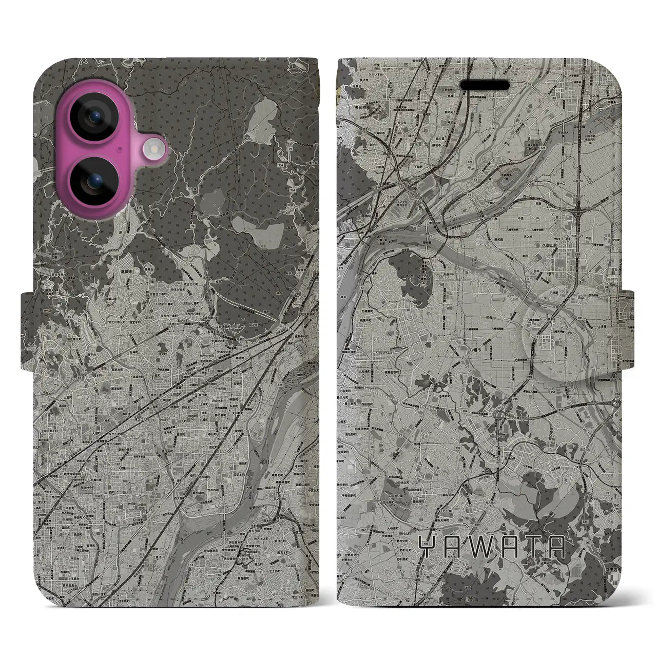 【八幡(京都府)】地図柄iPhoneケース(手帳タイプ)モノトーン・iPhone 16 Pro 用