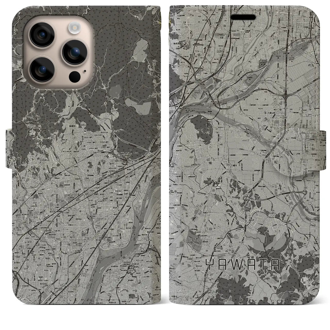 【八幡(京都府)】地図柄iPhoneケース(手帳タイプ)モノトーン・iPhone 16 Plus 用