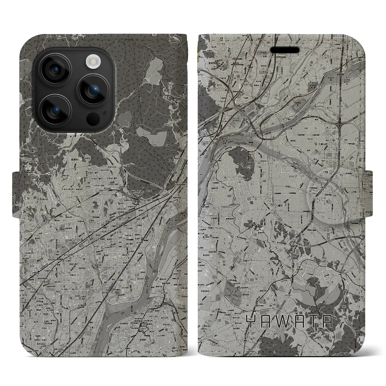 【八幡(京都府)】地図柄iPhoneケース(手帳タイプ)モノトーン・iPhone 16 用