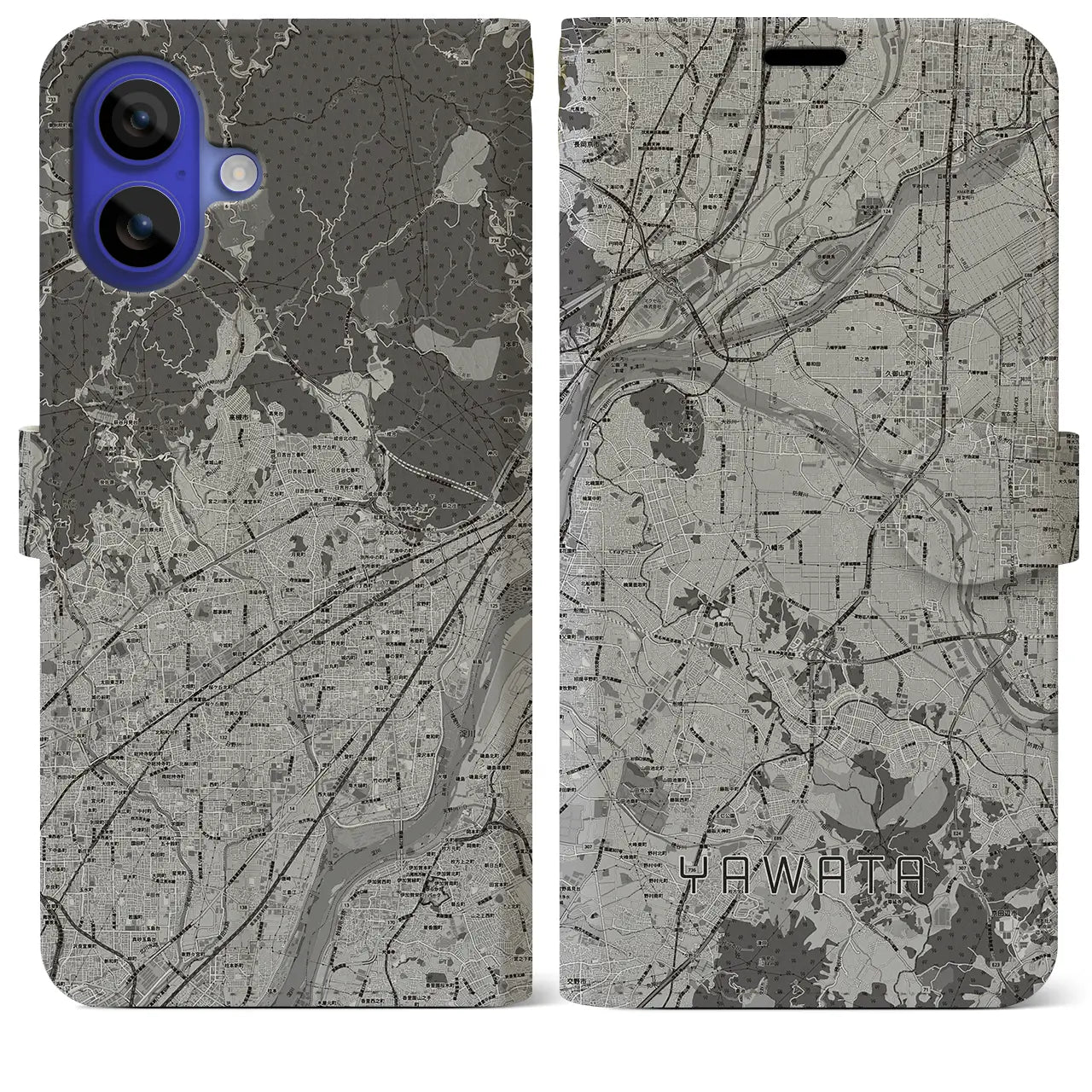 【八幡(京都府)】地図柄iPhoneケース(手帳タイプ)モノトーン・iPhone 16 Pro Max 用