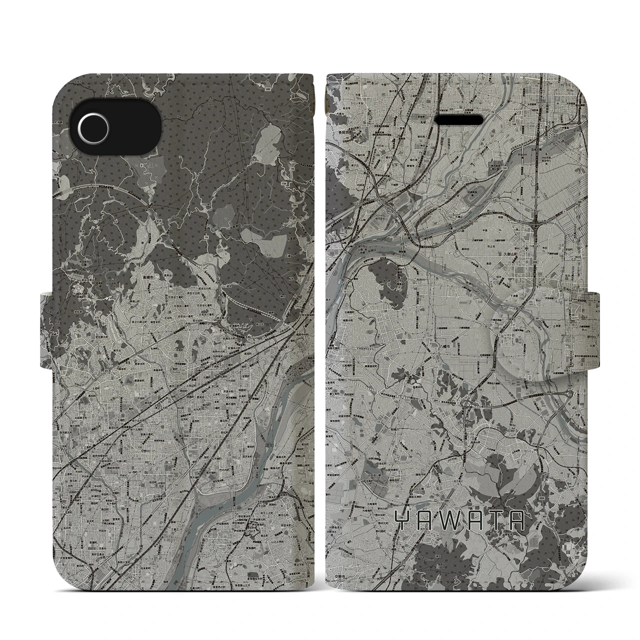 【八幡(京都府)】地図柄iPhoneケース(手帳タイプ)モノトーン・iPhone SE(第3 / 第2世代) / 8 / 7 / 6s / 6 用