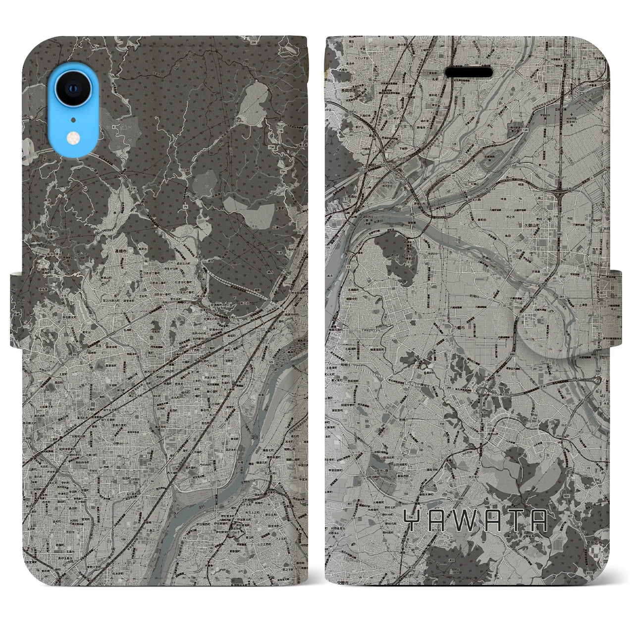 【八幡(京都府)】地図柄iPhoneケース(手帳タイプ)モノトーン・iPhone XR 用