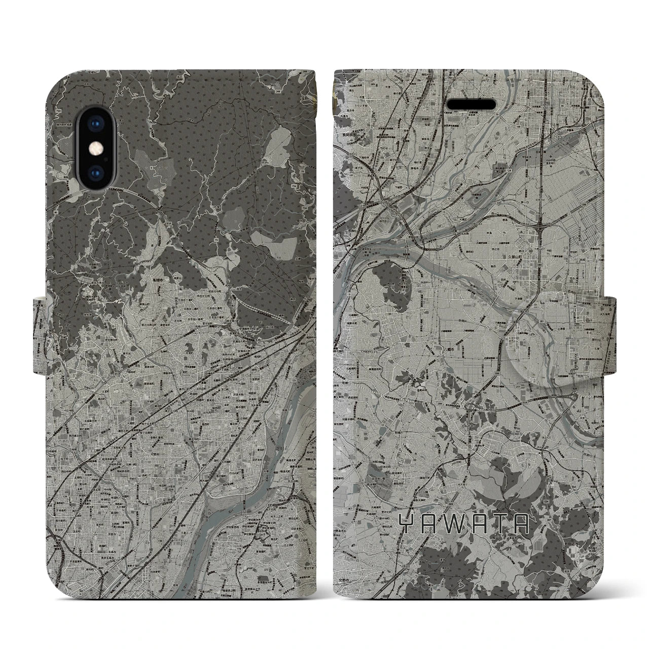 【八幡(京都府)】地図柄iPhoneケース(手帳タイプ)モノトーン・iPhone XS / X 用