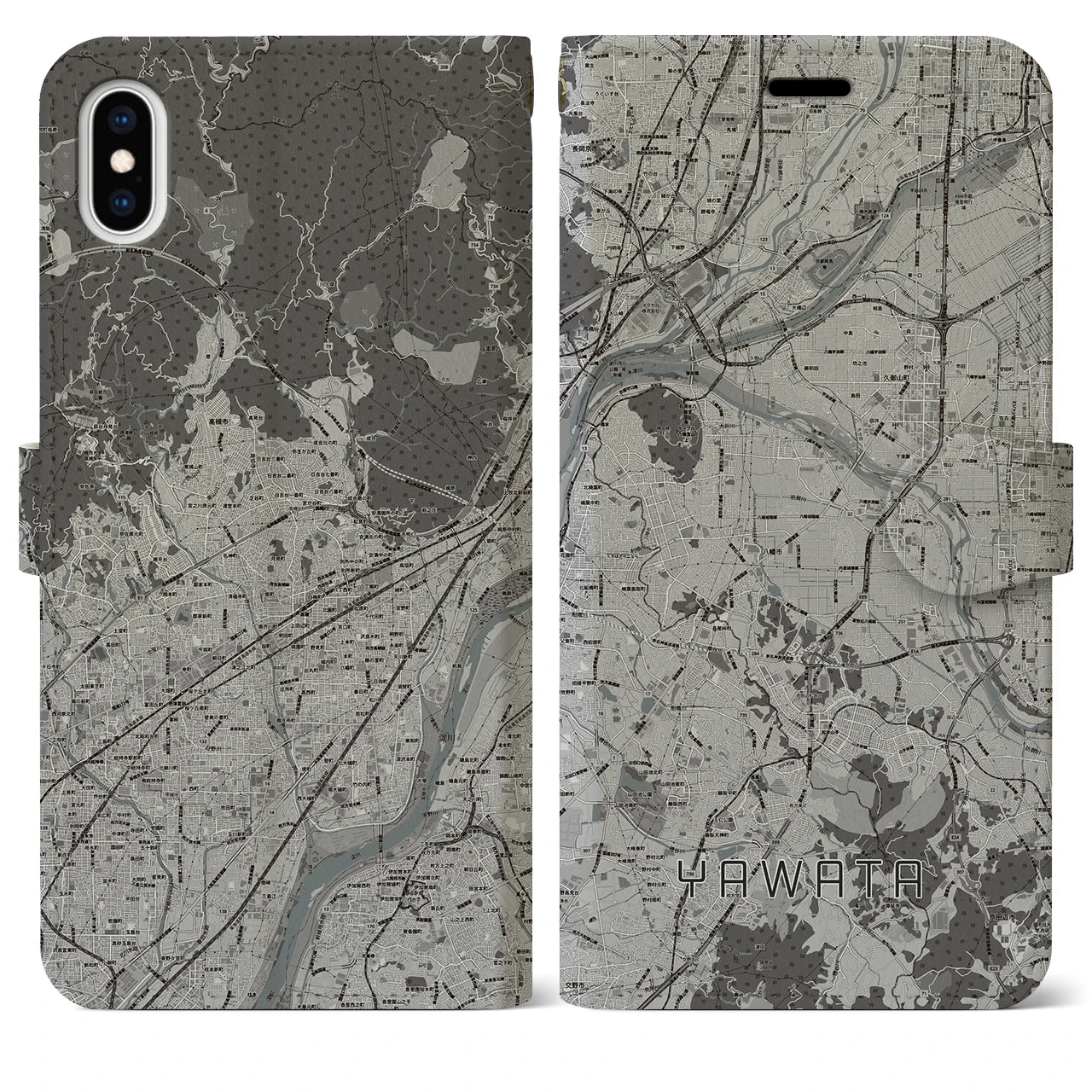 【八幡(京都府)】地図柄iPhoneケース(手帳タイプ)モノトーン・iPhone XS Max 用