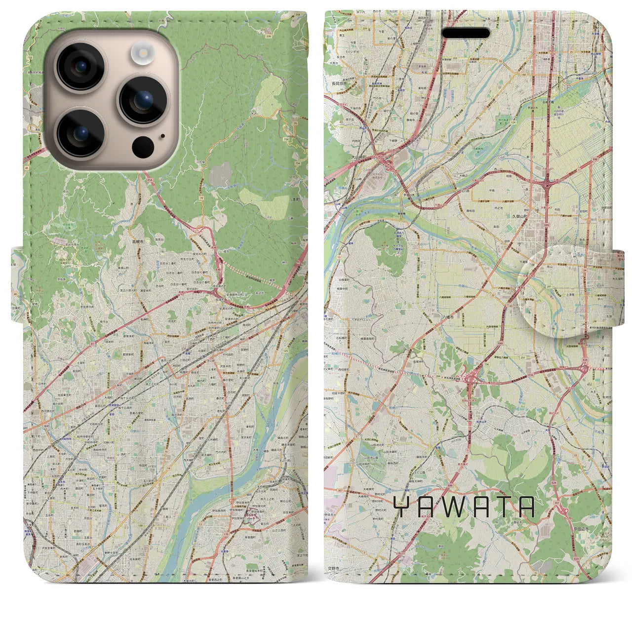 【八幡(京都府)】地図柄iPhoneケース(手帳タイプ)ナチュラル・iPhone 16 Plus 用