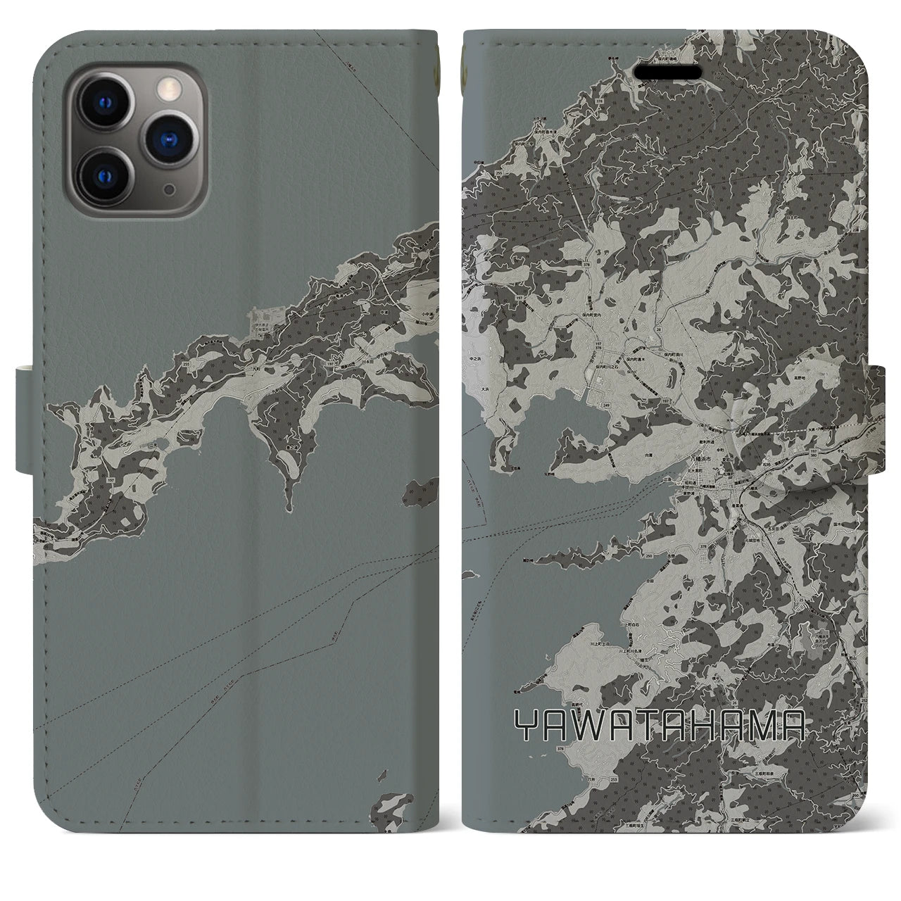 【八幡浜(愛媛県)】地図柄iPhoneケース(手帳タイプ)モノトーン・iPhone 11 Pro Max 用