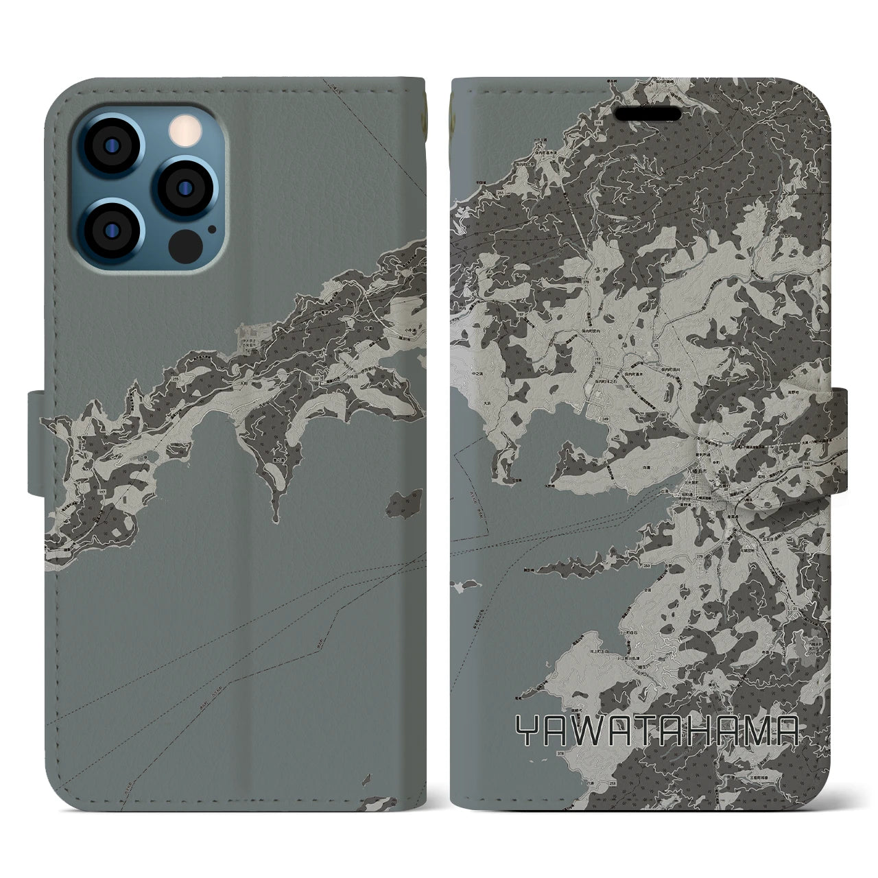 【八幡浜(愛媛県)】地図柄iPhoneケース(手帳タイプ)モノトーン・iPhone 12 / 12 Pro 用