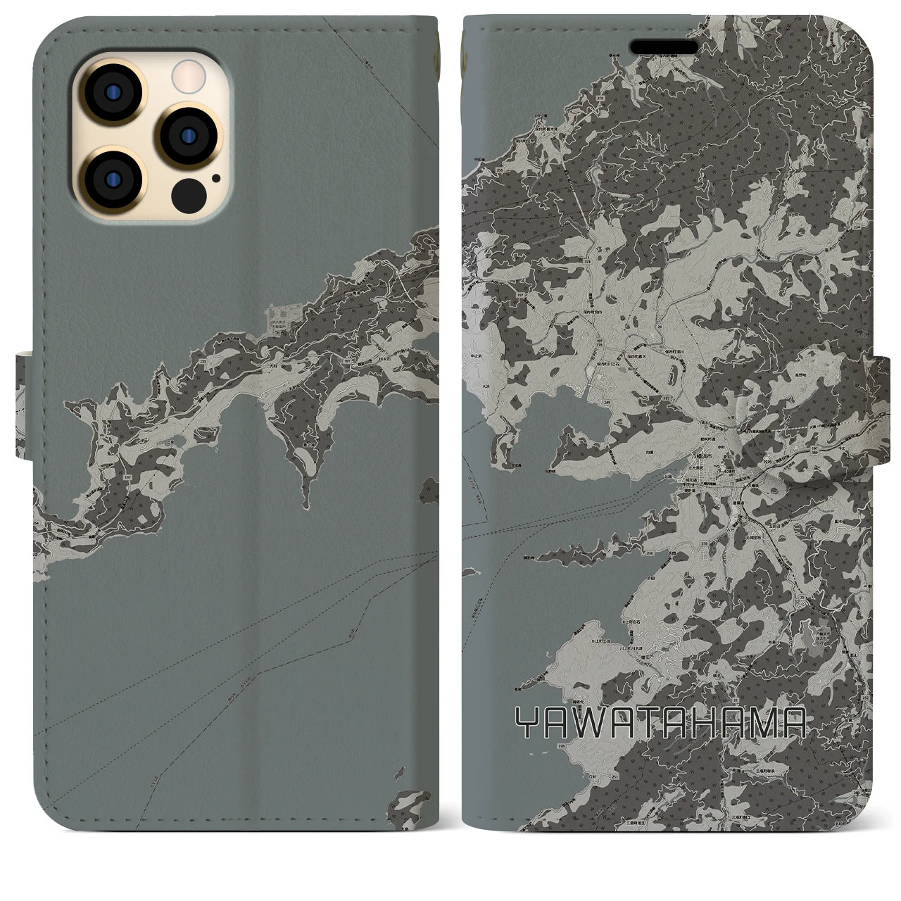 【八幡浜(愛媛県)】地図柄iPhoneケース(手帳タイプ)モノトーン・iPhone 12 Pro Max 用