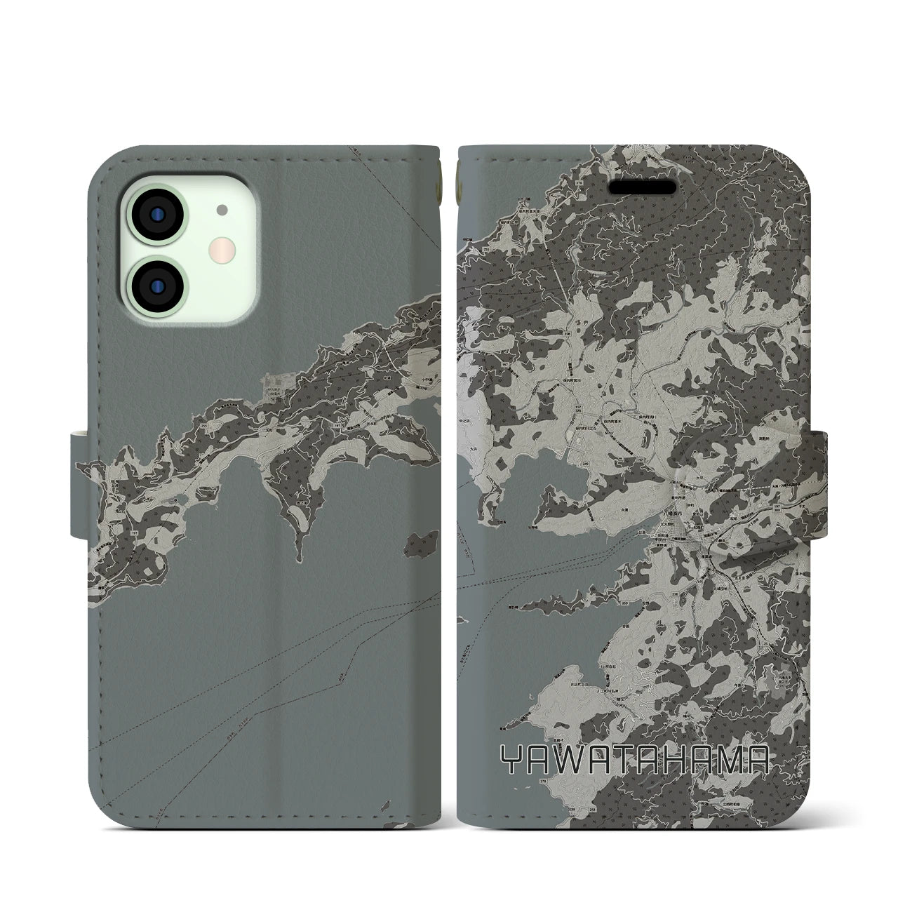 【八幡浜(愛媛県)】地図柄iPhoneケース(手帳タイプ)モノトーン・iPhone 12 mini 用