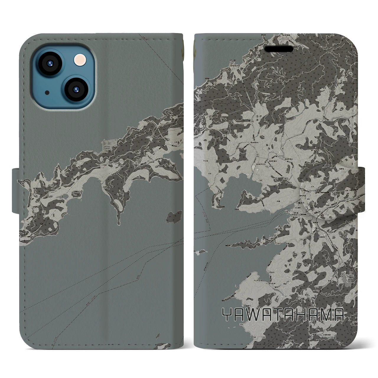 【八幡浜(愛媛県)】地図柄iPhoneケース(手帳タイプ)モノトーン・iPhone 13 用