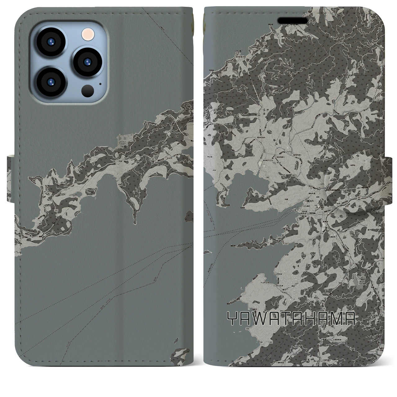 【八幡浜(愛媛県)】地図柄iPhoneケース(手帳タイプ)モノトーン・iPhone 13 Pro Max 用
