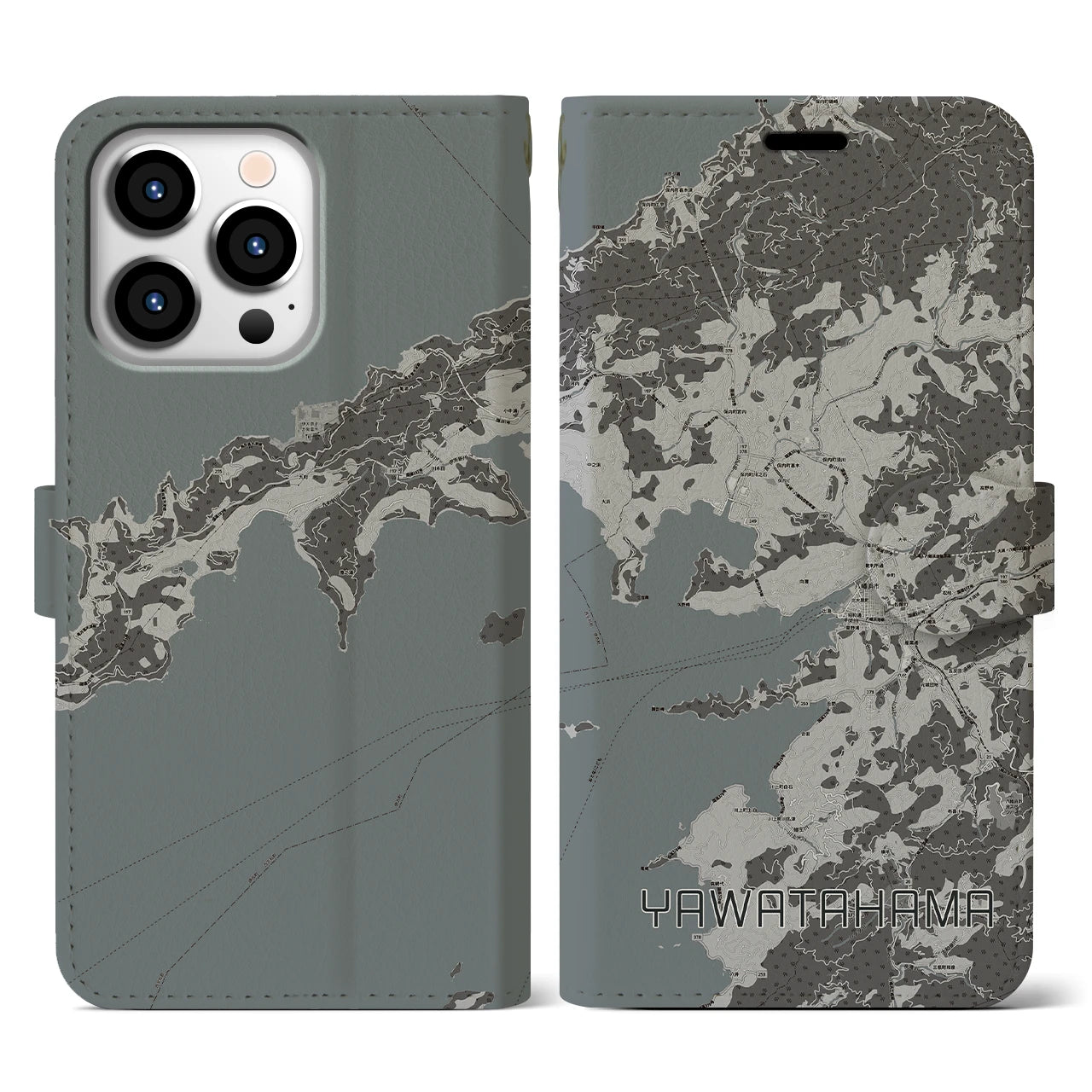 【八幡浜(愛媛県)】地図柄iPhoneケース(手帳タイプ)モノトーン・iPhone 13 Pro 用