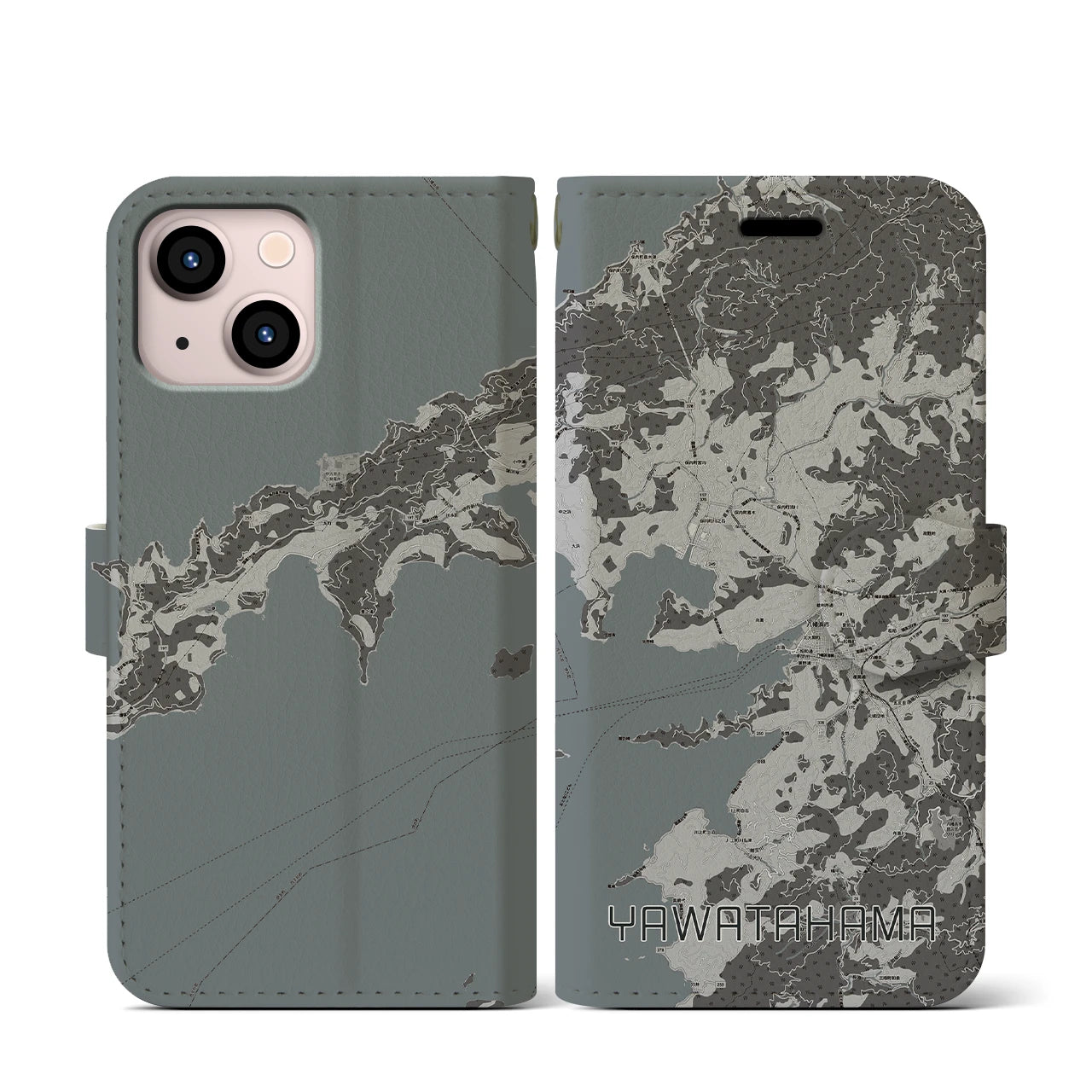 【八幡浜(愛媛県)】地図柄iPhoneケース(手帳タイプ)モノトーン・iPhone 13 mini 用