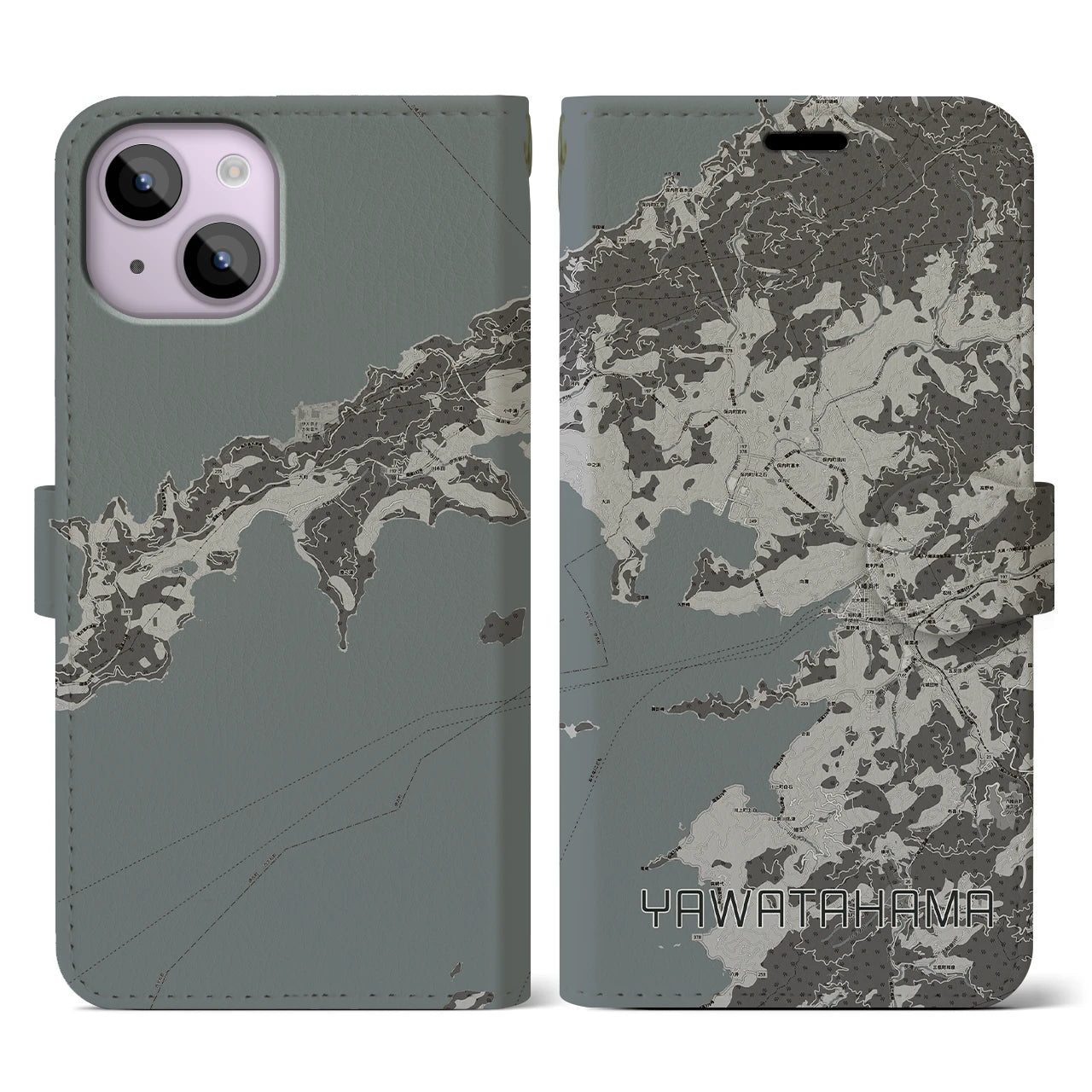 【八幡浜(愛媛県)】地図柄iPhoneケース(手帳タイプ)モノトーン・iPhone 14 用