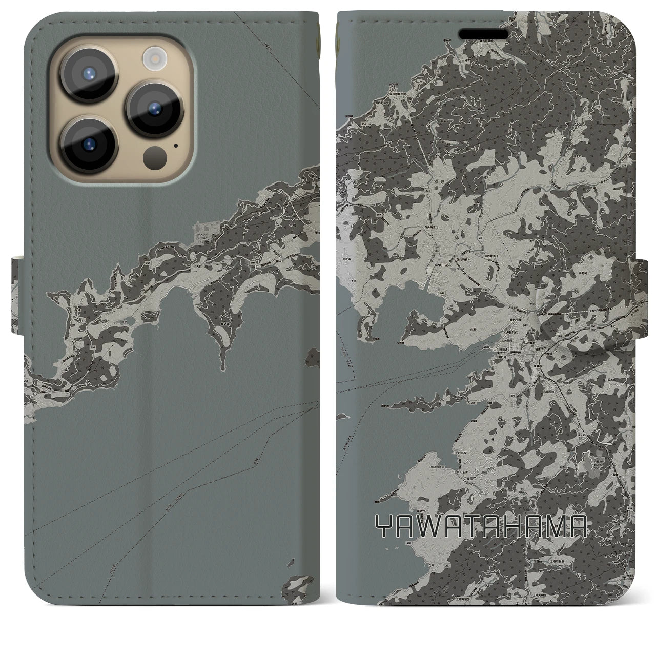 【八幡浜(愛媛県)】地図柄iPhoneケース(手帳タイプ)モノトーン・iPhone 14 Pro Max 用