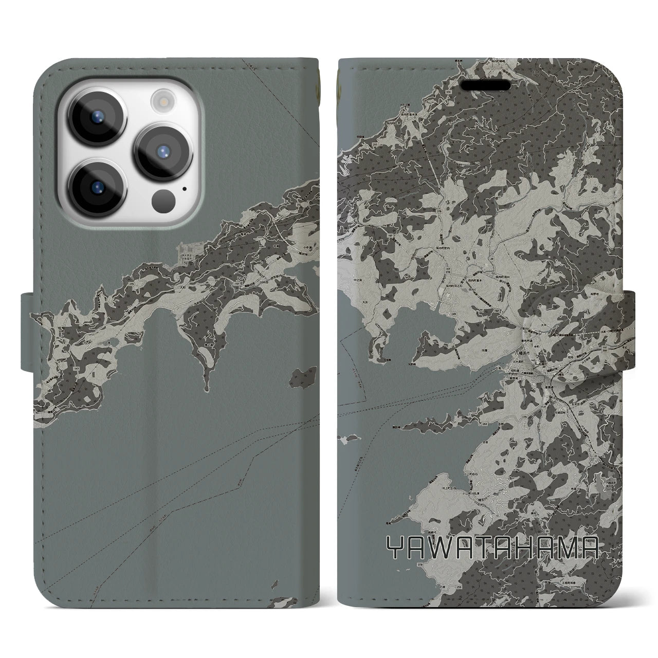 【八幡浜(愛媛県)】地図柄iPhoneケース(手帳タイプ)モノトーン・iPhone 14 Pro 用