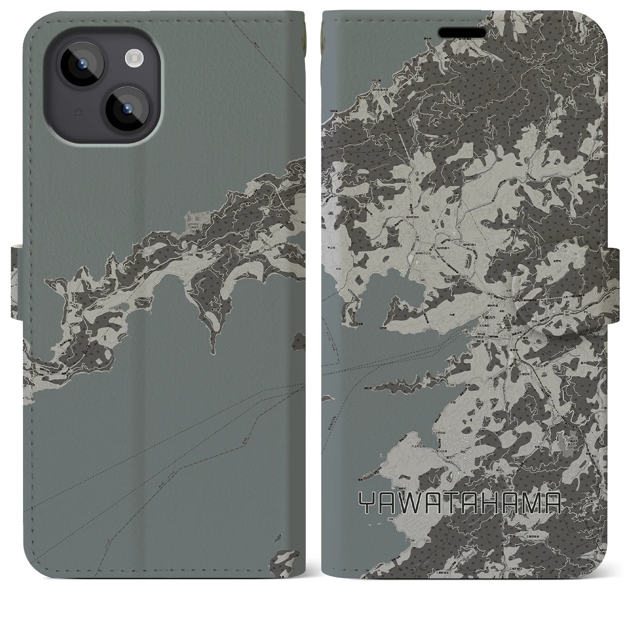 【八幡浜(愛媛県)】地図柄iPhoneケース(手帳タイプ)モノトーン・iPhone 14 Plus 用