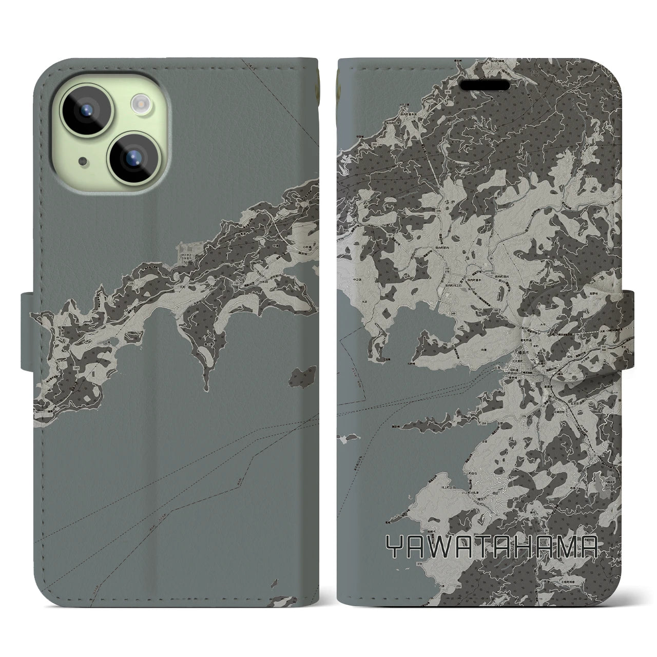 【八幡浜(愛媛県)】地図柄iPhoneケース(手帳タイプ)モノトーン・iPhone 15 用