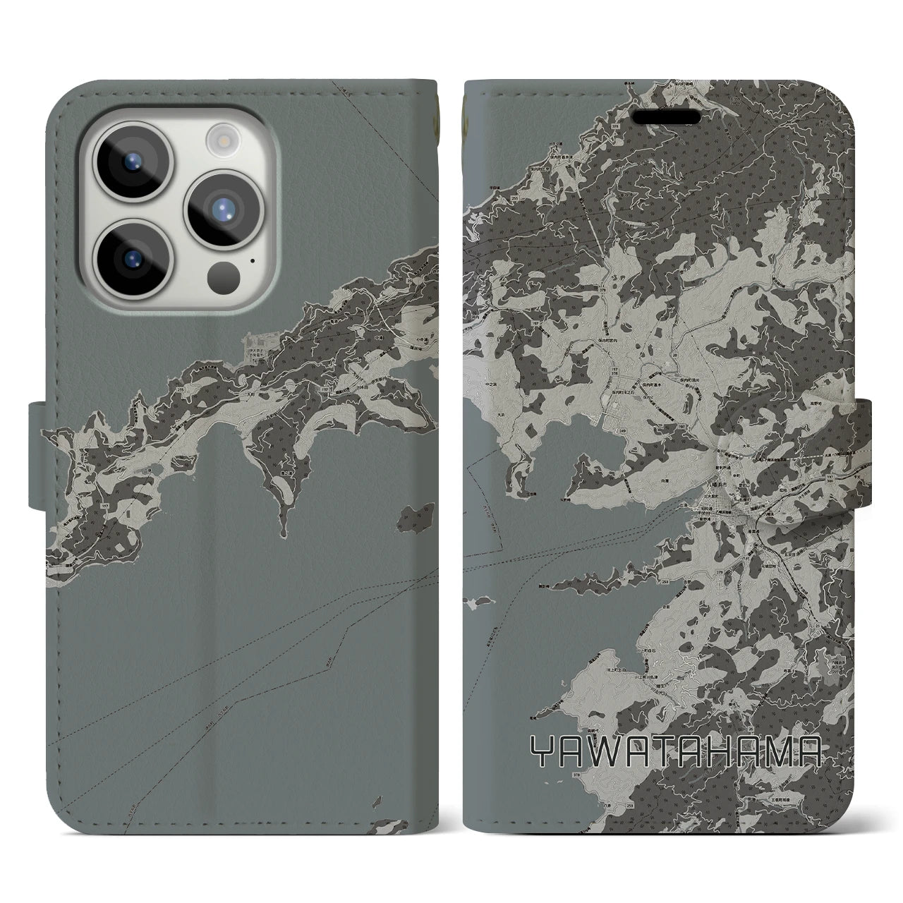 【八幡浜(愛媛県)】地図柄iPhoneケース(手帳タイプ)モノトーン・iPhone 15 Pro 用