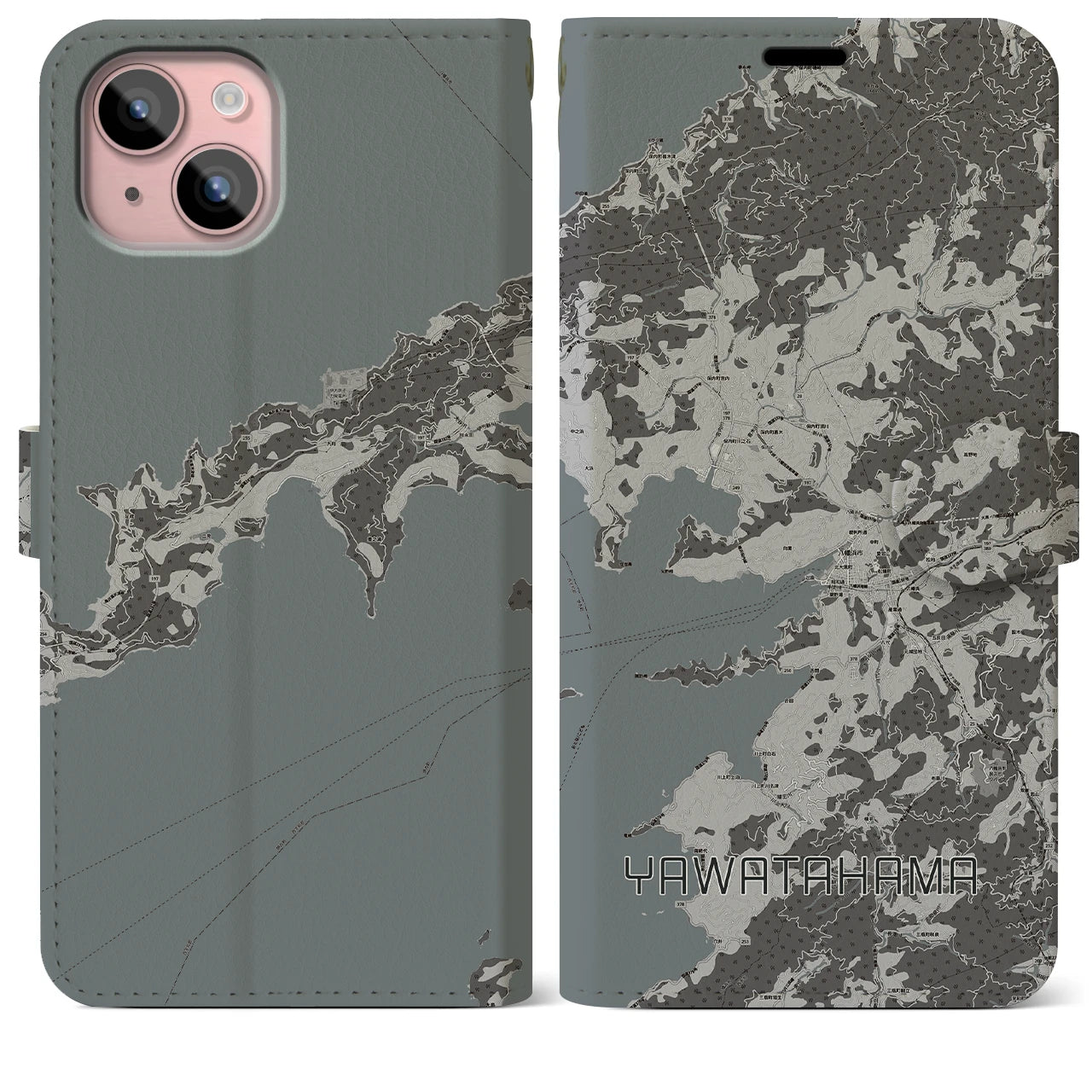 【八幡浜(愛媛県)】地図柄iPhoneケース(手帳タイプ)モノトーン・iPhone 15 Plus 用