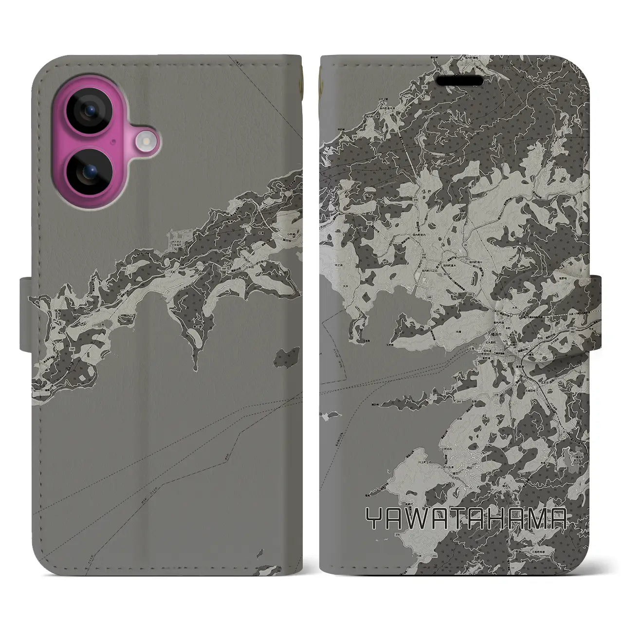 【八幡浜(愛媛県)】地図柄iPhoneケース(手帳タイプ)モノトーン・iPhone 16 Pro 用