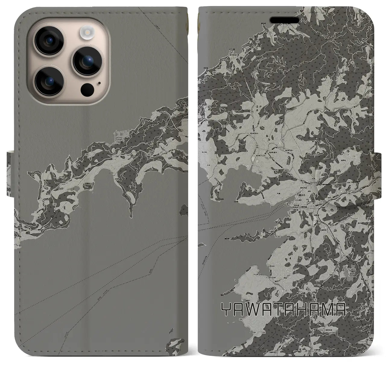 【八幡浜(愛媛県)】地図柄iPhoneケース(手帳タイプ)モノトーン・iPhone 16 Plus 用