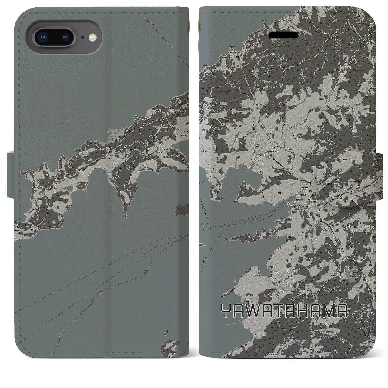 【八幡浜(愛媛県)】地図柄iPhoneケース(手帳タイプ)モノトーン・iPhone 8Plus /7Plus / 6sPlus / 6Plus 用