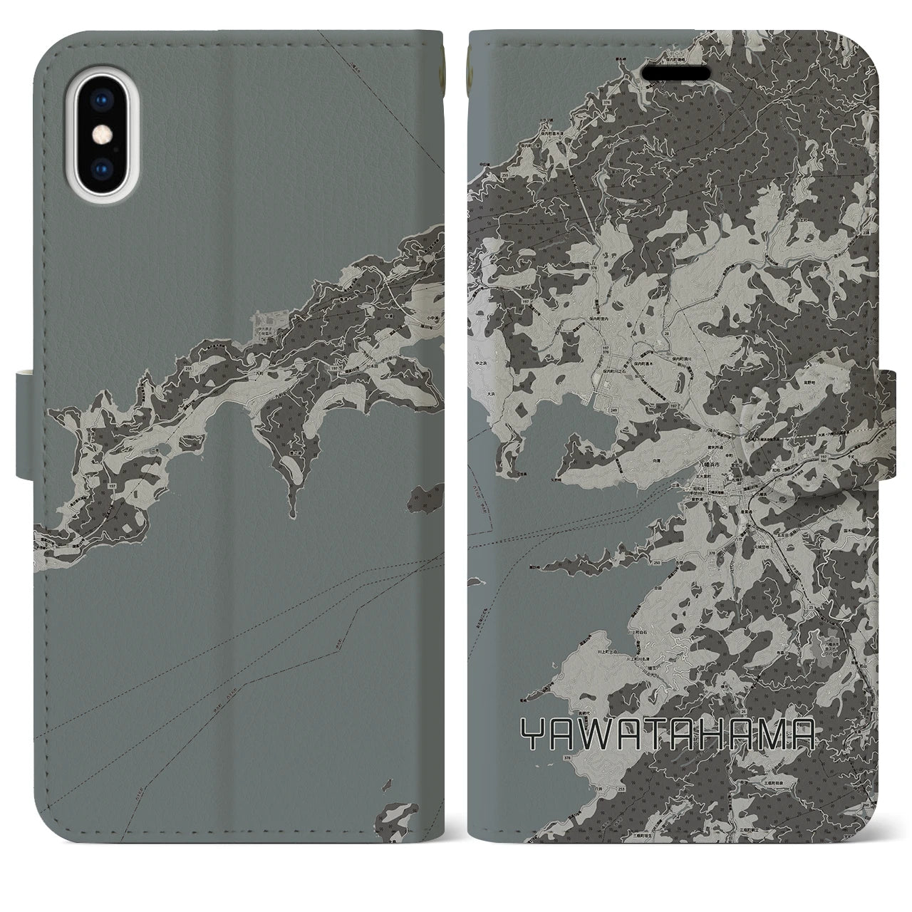 【八幡浜(愛媛県)】地図柄iPhoneケース(手帳タイプ)モノトーン・iPhone XS Max 用