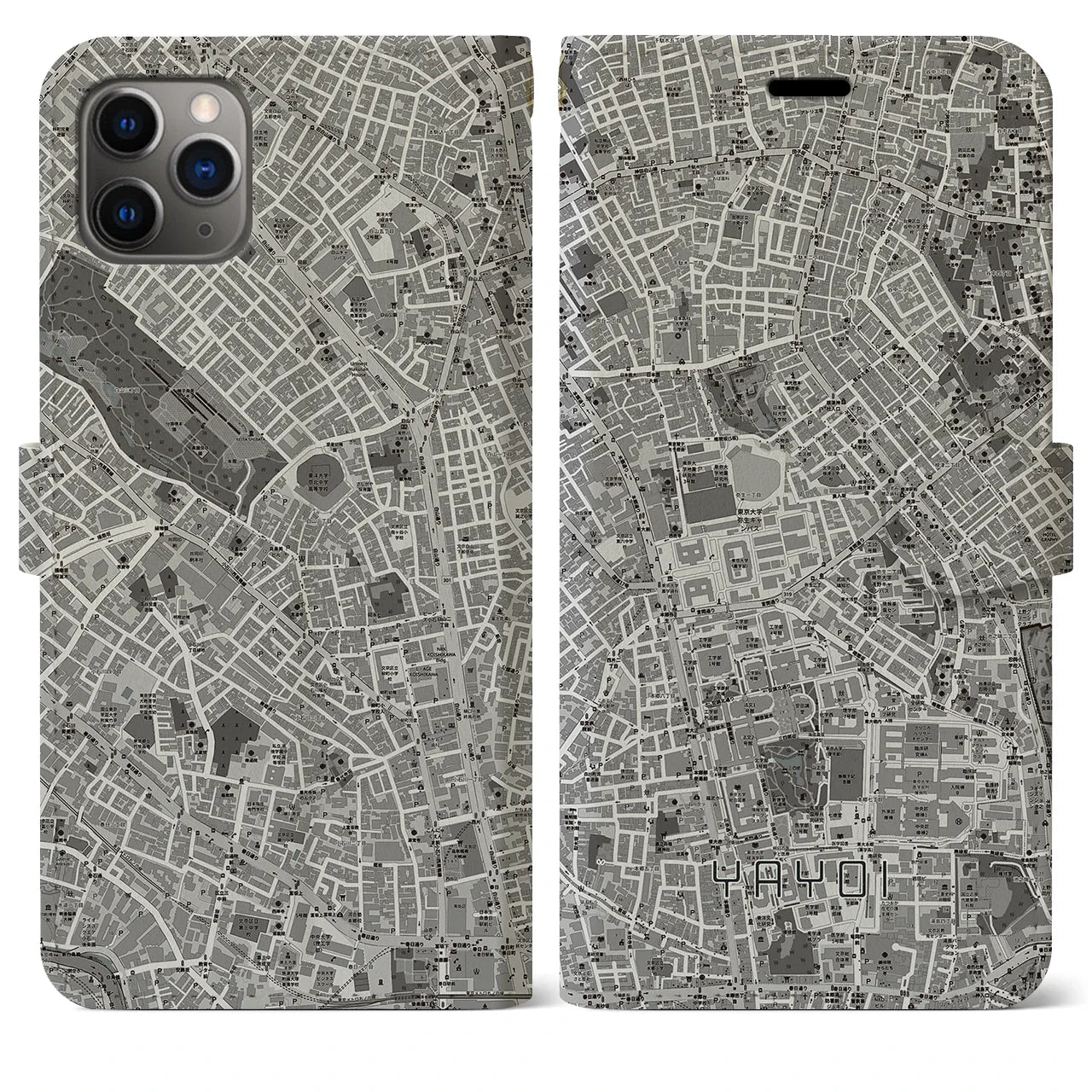 【弥生(東京都)】地図柄iPhoneケース(手帳タイプ)モノトーン・iPhone 11 Pro Max 用