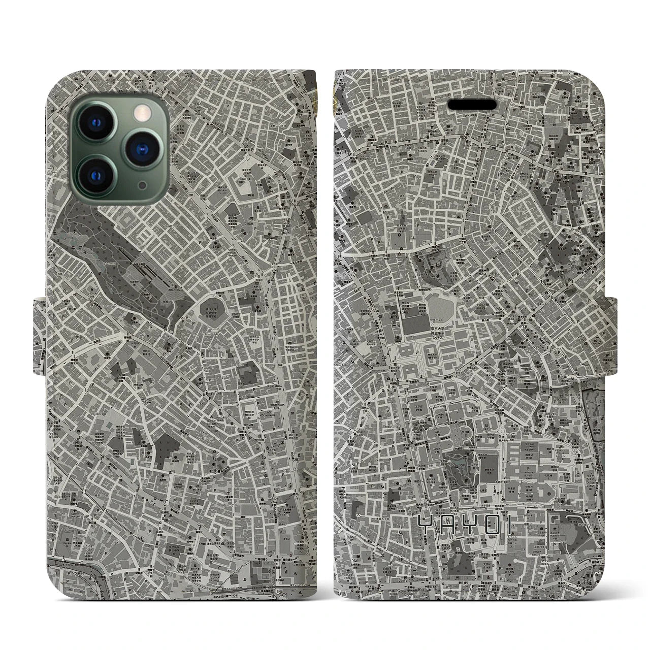 【弥生(東京都)】地図柄iPhoneケース(手帳タイプ)モノトーン・iPhone 11 Pro 用