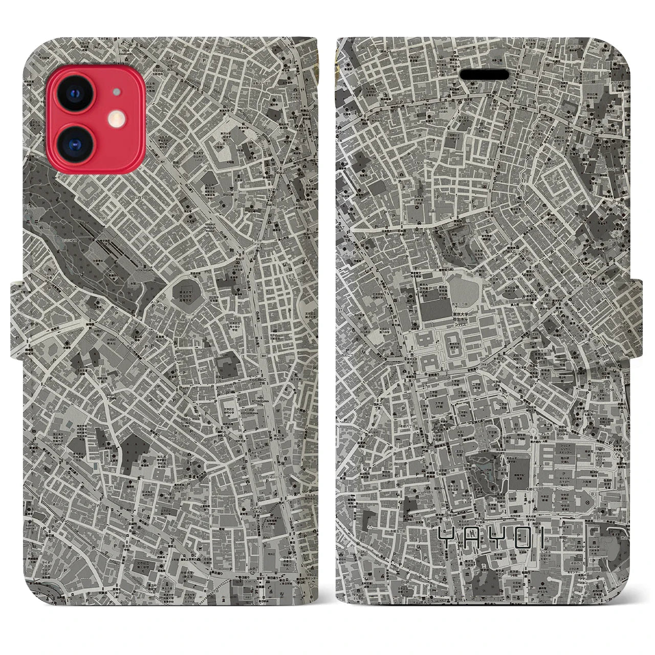 【弥生(東京都)】地図柄iPhoneケース(手帳タイプ)モノトーン・iPhone 11 用