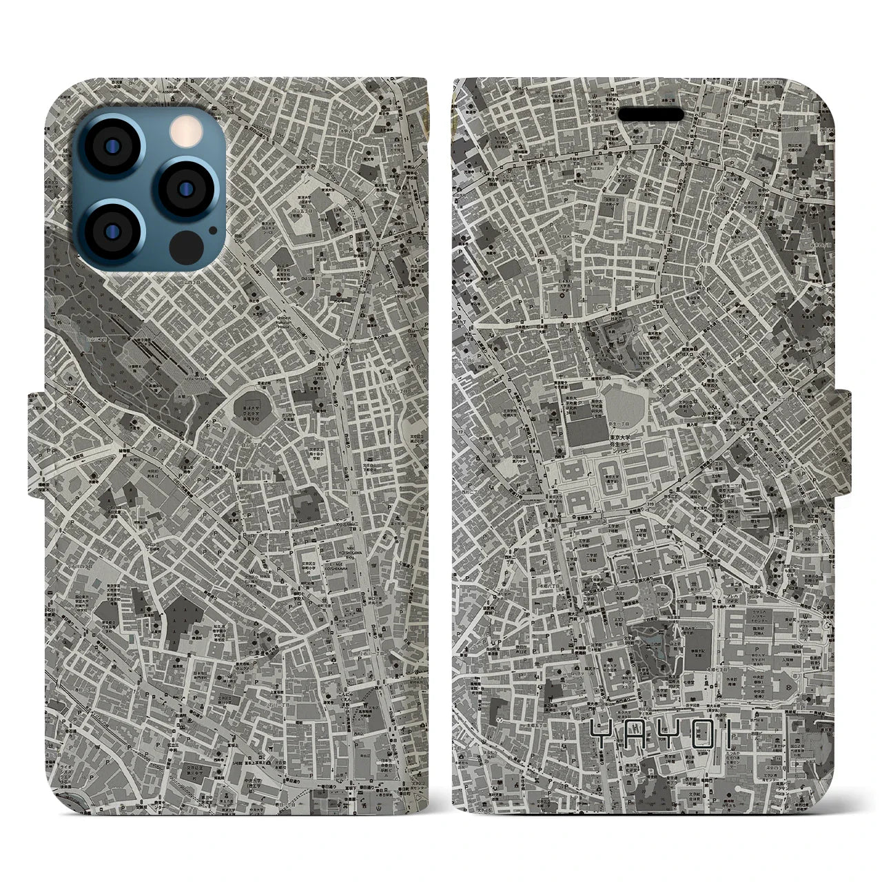 【弥生(東京都)】地図柄iPhoneケース(手帳タイプ)モノトーン・iPhone 12 / 12 Pro 用