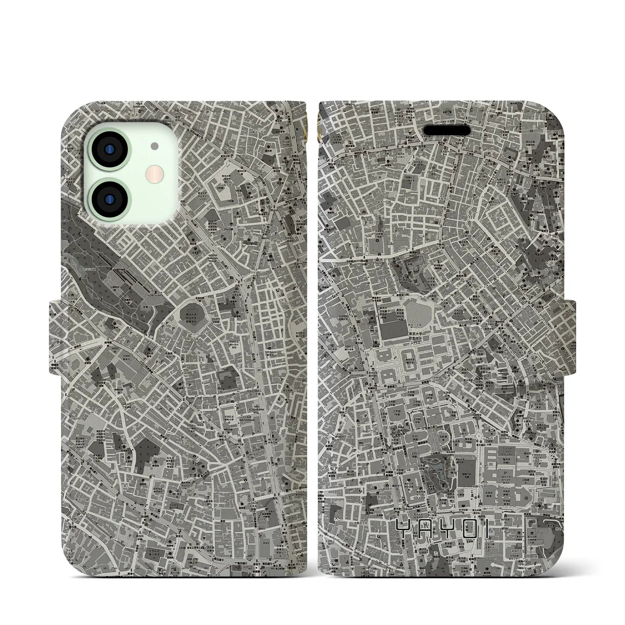 【弥生(東京都)】地図柄iPhoneケース(手帳タイプ)モノトーン・iPhone 12 mini 用