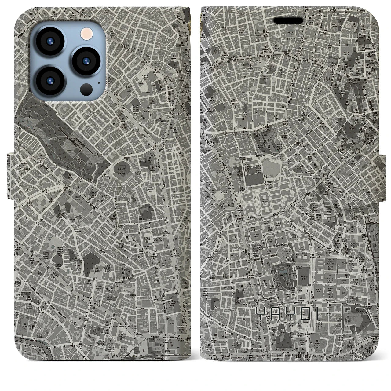 【弥生(東京都)】地図柄iPhoneケース(手帳タイプ)モノトーン・iPhone 13 Pro Max 用