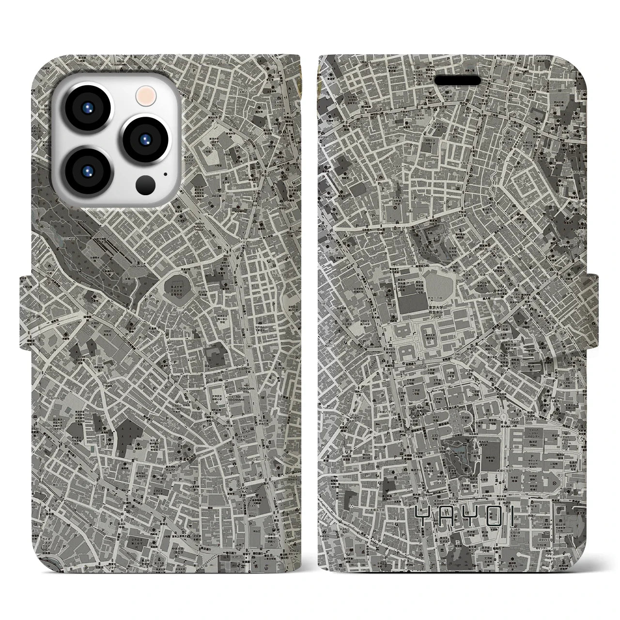 【弥生(東京都)】地図柄iPhoneケース(手帳タイプ)モノトーン・iPhone 13 Pro 用