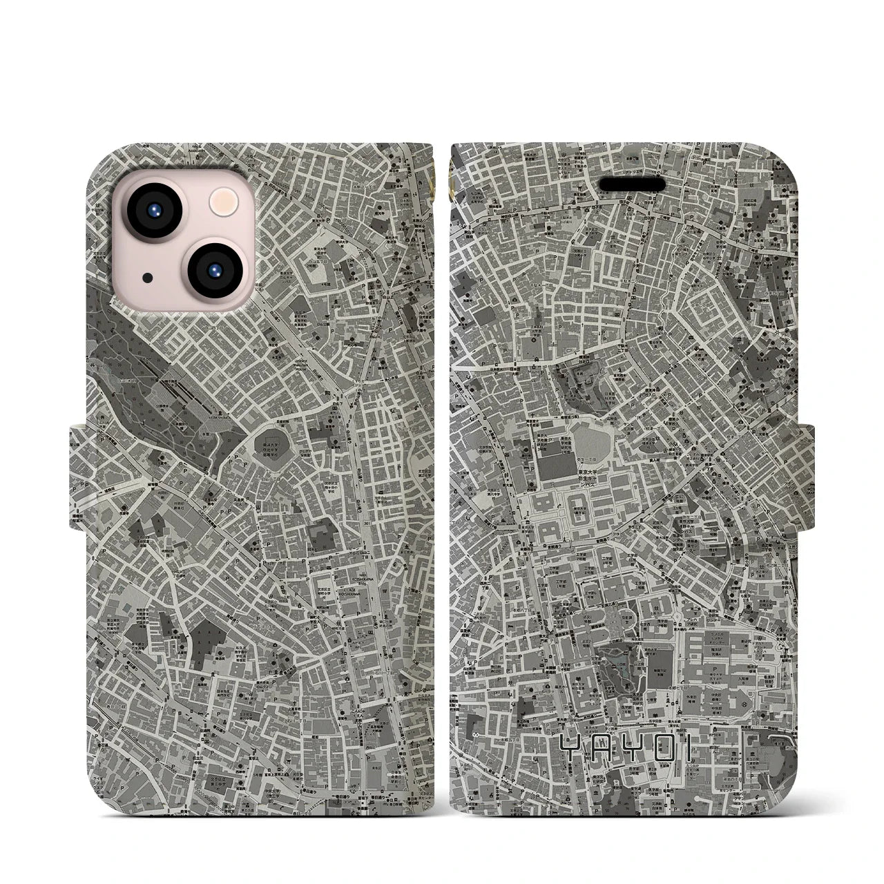 【弥生(東京都)】地図柄iPhoneケース(手帳タイプ)モノトーン・iPhone 13 mini 用