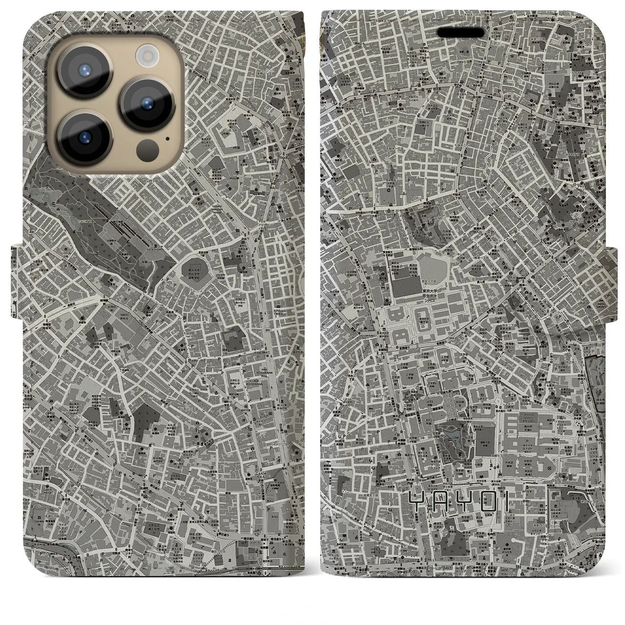 【弥生(東京都)】地図柄iPhoneケース(手帳タイプ)モノトーン・iPhone 14 Pro Max 用