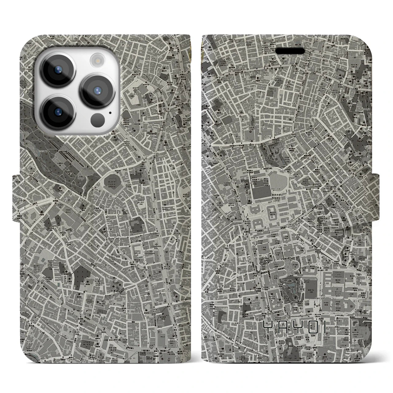 【弥生(東京都)】地図柄iPhoneケース(手帳タイプ)モノトーン・iPhone 14 Pro 用